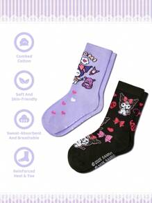 HELLO KITTY AND FRIENDS | SHEIN 2 pares de calcetines de caña media para niños suaves y transpirables de algodón, que absorben la humedad, con estampado de dibujos animados morados y negros, con refuerzo en los dedos y el talón para mayor durabilidad, unisex para niños y niñas, para todas las estaciones y todos los usos, incluyendo la escuela y al aire libre. - Multicolor - Ver 3