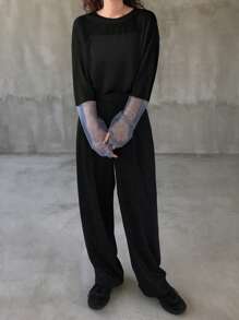 FRIFUL Women's Loose Fit Crew Neck Long Sleeve Contrast Color T-Shirt, Casual For Autumn - Black - View 2