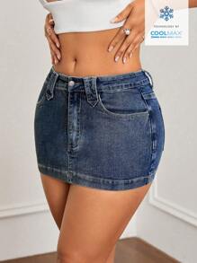 Jeanoix 女式休闲水洗牛仔铅笔裙，带口袋 - 深色水洗藍 - 查看 5