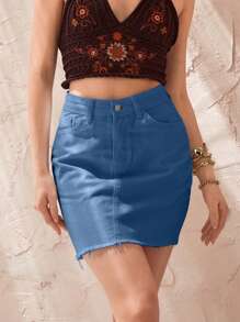 SHEIN Cottnline Vacation Casual Distressed Denim Mini Skirt - Light Wash - View 3