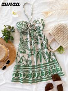 少女夏季时尚花卉印花休闲优雅度假连衣裙 - 綠色 - 查看 2