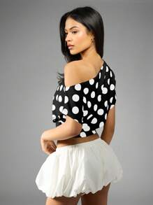 MISSGUIDED Off Shoulder Polka Dot Crop Top Summer Festival Spring Casual Loose Dolman Sleeve Blouse Vacation Party Wear - Black - View 2