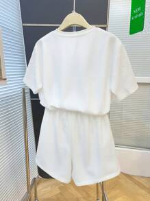 Everyssa 2件套女士水钻装饰圆领短袖T恤和短裤休闲装 - 白色 - 查看 2