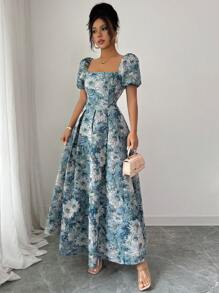 Elenzga 女士优雅刺绣泡泡袖中长连衣裙，夏季