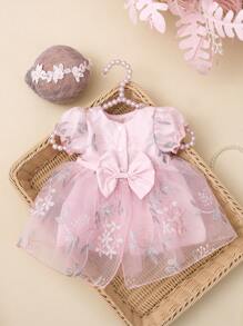 SHEIN Newborn Floral Embroidery Tulle Dress With Photoshoot Props Set Fall Winter - Pink - View 8