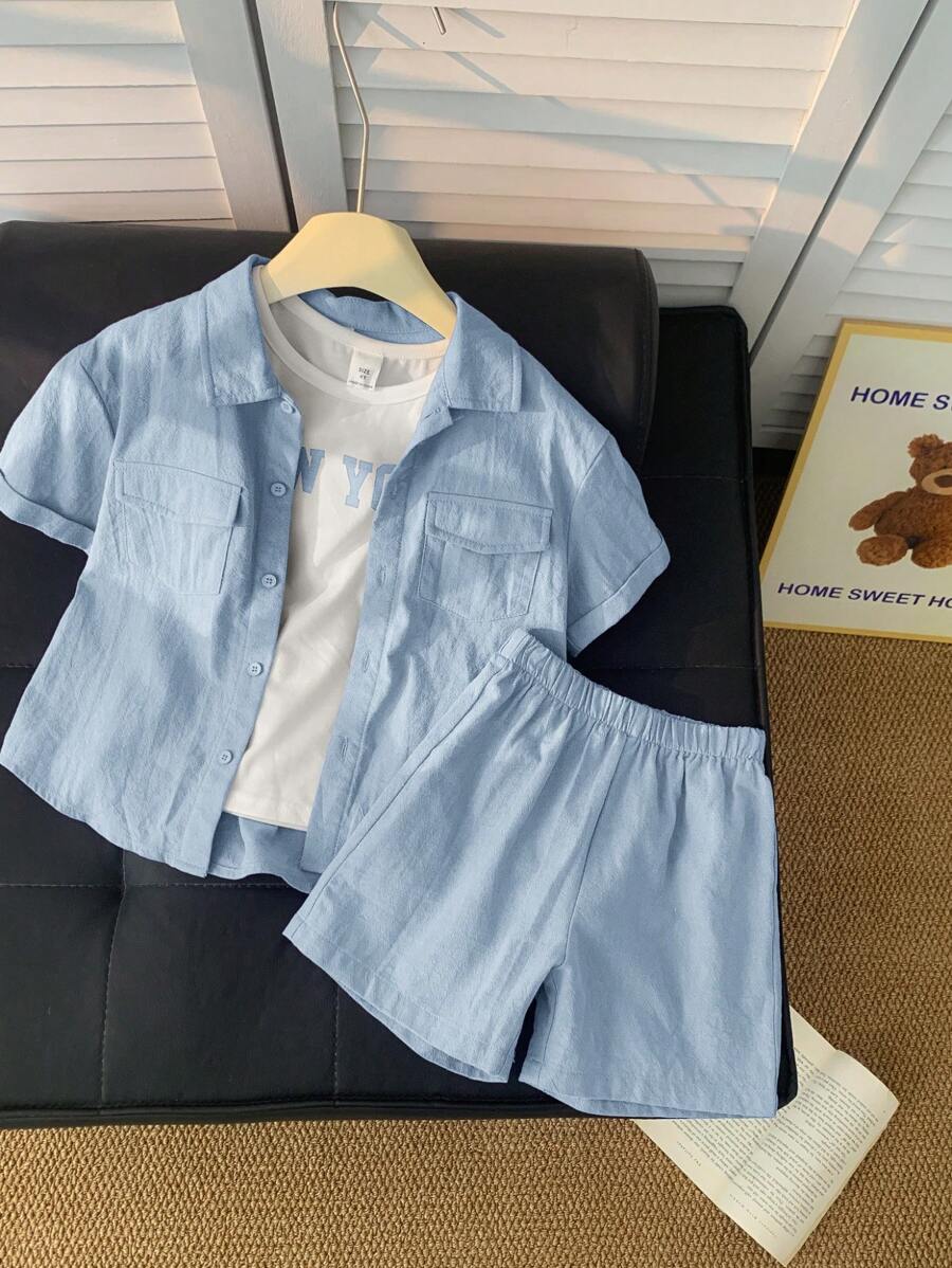 SHEIN 3 件套男童纯色 Polo 领短袖开衫、字母印花针织柔软圆领无袖背心和松紧腰短裤 - 藍色 - 查看 1