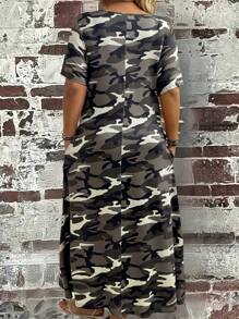 EMERY ROSE Robe décontracté à manches courtes à encolure ronde avec poche, imprimé camouflage, grande taille, pour femmes, en été