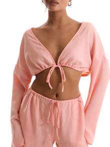 MUSERA Linen Feel Tie Front Wide Sleeve Beach Top Vacation  Spring Vacation Peach Holiday Sexy Going Out Top Elegant - Orange - View 5