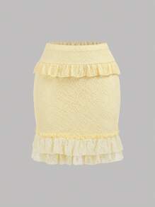 SHEIN Girlism Teen Girls Flounce Lace Cropped Cami And Skirt 2 Piece Set,Summer Vacation Holiday Party Graduation Music Festival Collegiate Style Spring Picnic Wear - Yellow - View 5