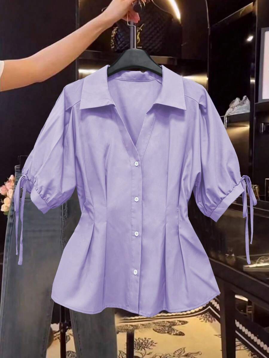 Franclia 优雅短袖衬衫，修身泡泡袖隐腰修身上衣，适合女士 - 淡紫色 - 查看 1
