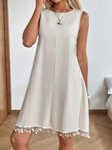 SHEIN LUNE Váy đi nghỉ tua rua eo rút dây cho nữ - Màu be - Xem 8