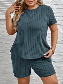 SHEIN LUNE 2件套大码女式夏季纯色圆领短袖T恤和短裤休闲套装 - 霧霾藍 - 查看 6