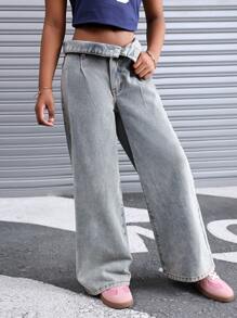 Jeans sueltos de mezclilla azul nostálgica con diseño de doble cintura con volantes, ropa casual de moda vintage y cool de estilo Y2K para niñas preadolescentes, ropa suave para uso diario, ropa de otoño e invierno para niñas preadolescentes, atuendos para regreso a clases, homecoming, rave, festivales y playa, ropa de calle y escolar