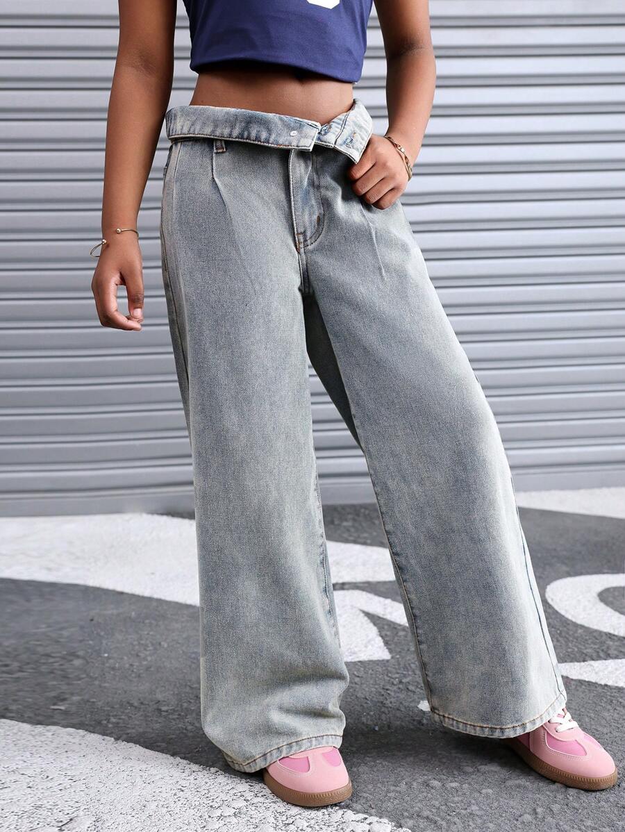 Jeans sueltos de mezclilla azul nostálgica con diseño de doble cintura con volantes, ropa casual de moda vintage y cool de estilo Y2K para niñas preadolescentes, ropa suave para uso diario, ropa de otoño e invierno para niñas preadolescentes, atuendos para regreso a clases, homecoming, rave, festivales y playa, ropa de calle y escolar