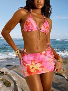 Opulessa Women's Ruffled Trim Halter Neck Tied Strap Triangle Bikini Swimsuit Set, Summer,Holiday Outfits,Holiday Clothes,High Waisted Bikini, High Waisteo Bathing Suit,Thong Bikini Set,Beach Outfits For Woman,Vacation Outfits Woman,Beach Dress,Bikini Set,Y2k,Y2k Clothes Y2k,Y2k Tops Y2k ,Y2k Clothes Women - Multicolor - View 1