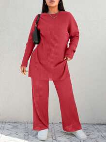 EURMUSE Plus Size Women Solid Color Rib Knit Long Sleeve Top & Pants 2 Pieces Set, Casual Everyday Wear - Watermelon Pink - View 1