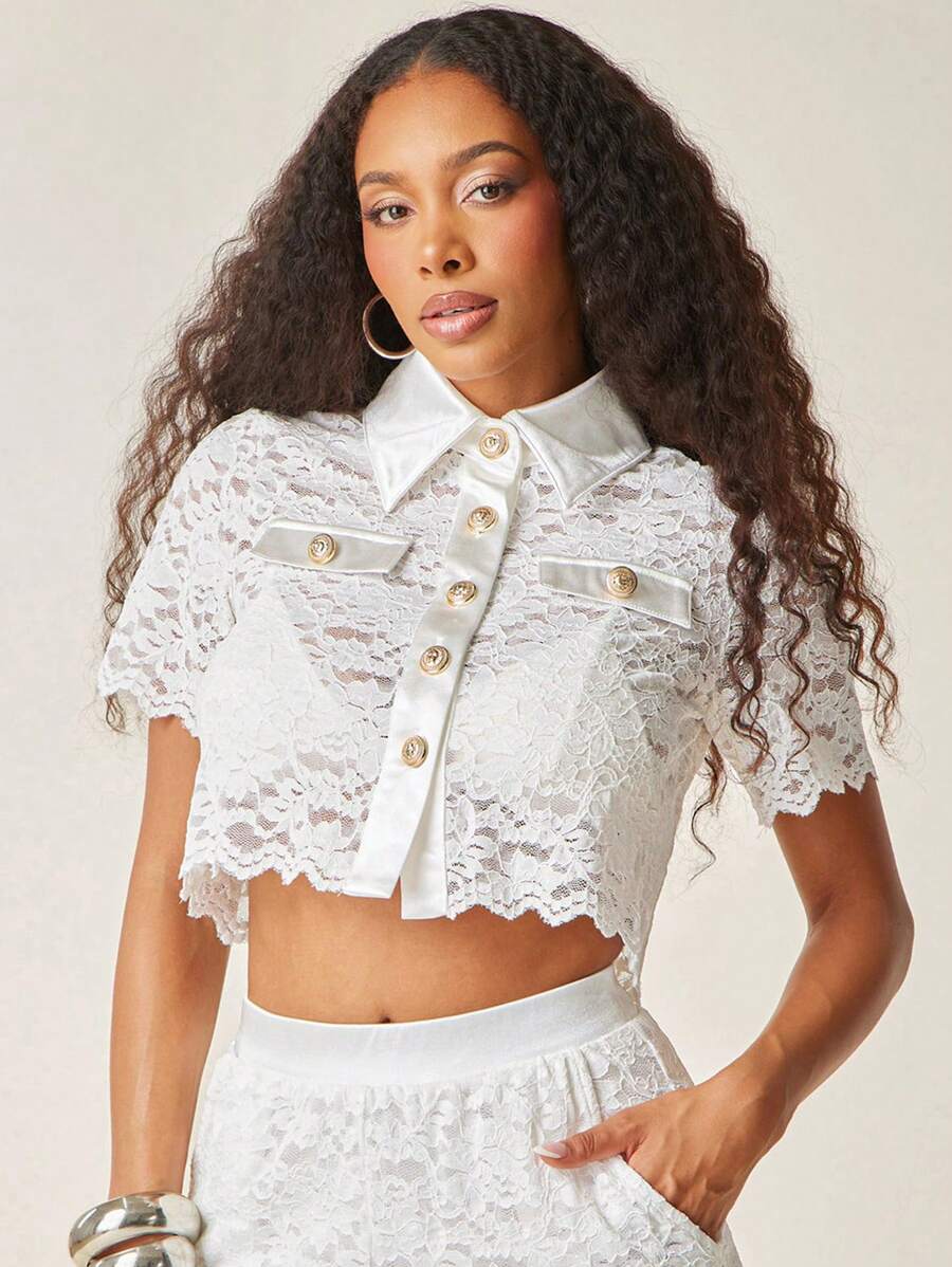 Vixey Sheer Lace Scallop Trim Button Up Short Sleeve Top, Summer, Fall,, Autumn, Going Out Tops Women, Date Night Women, All White Party, Old Money Style - White - View 1