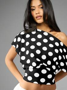 MISSGUIDED Off Shoulder Polka Dot Crop Top Summer Festival Spring Casual Loose Dolman Sleeve Blouse Vacation Party Wear - Black - View 6