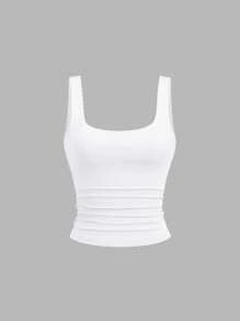 Sweetra Tank Top Wanita Kasual Model Crop dengan Leher Persegi dan Lipit, Musim Panas - MultiWarna - View 3