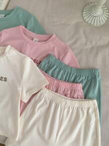 SHEIN Conjunto de 6 peças para bebê menina verão casual malha letras gráficas camiseta manga curta e shorts com cintura elástica - Multicolorido - Ver 6