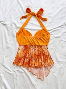 Soleia Áo yếm hở lưng in họa tiết chắp vá mùa hè dành cho nữ, áo yếm màu cam họa tiết Paisley màu hoàng hôn, màu cam Tequila bình minh - trái cam - Xem 2