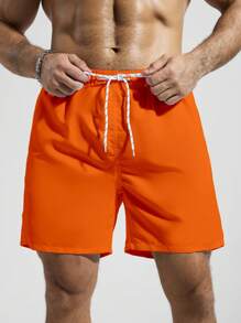 Surfspeed Men's Plain Pocketed Drawstring Waist Beach Shorts, Suitable For Summer, Hawaiian, Men Dry Fit Orange Swim Trunks, Men Swim Trunk Matching, Men Beachwear, Plain Swim Trunks