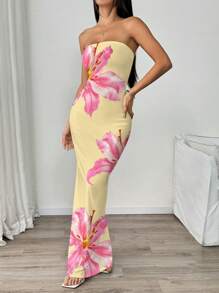 INAWLY Women's Floral Print Bandeau Fitted Midi Dress, Beach Vacation Style - Multicolor - View 5