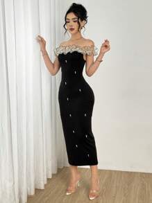 Modelyn Elegant Off-Shoulder Pearl Embellished Ruffle Hem Split Dress - Black - View 4