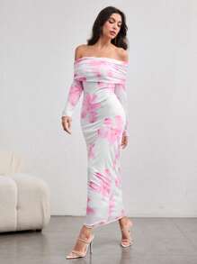 Modelyn 女士加长露肩浪漫热带花卉印花弹力网眼优雅度假修身连衣裙 - 彩色 - 查看 5