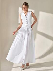 CLARA VERO Set de 2 piezas, top de chaleco con botones delanteros y falda larga de corte evasé, estilo elegante y casual para mujer