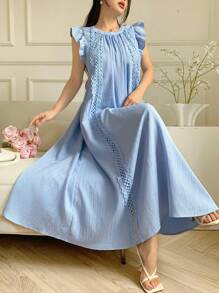 Feyla 盖袖蕾丝边镂空宽松休闲日常百搭夏季连衣裙 - 藍色 - 查看 4