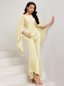 Veilorie فستان طويل ساتان بأكمام كيب أنيقة بياقة مستديرة للنساء، بذيل سمكة لون بني موكا