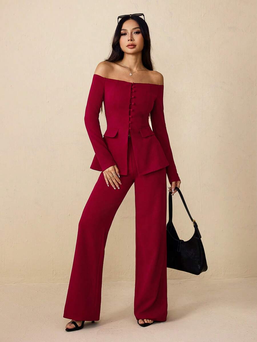 SHEIN PETITE 女款复古单肩西装外套+西装裤两件套西装办公室仙女风秋冬老钱风 - 酒紅色 - 查看 1