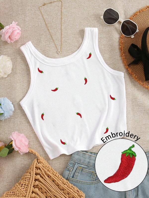 INAWLY Canotta estiva da donna casual in maglia a costine, con collo rotondo e ricamo grafico di peperoncino