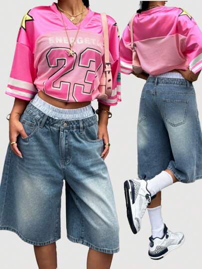 SHEIN Nastolatki Dziewczęta Niebieskie I Białe Paski Podwójny Pas Spliced Pas Projekt Niebieskie Dżinsy Luźne Szorty, Wiosna I Lato Swobodne Wakacje Wiejski Boho Noszenie