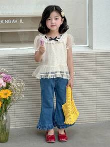 DAZY 少女网眼波尔卡圆点蝴蝶结短袖衬衫 - 杏色 - 查看 7