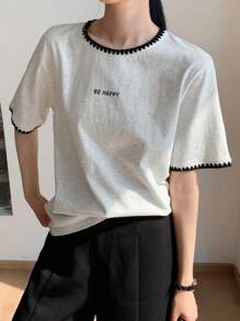 DAZY Women's Casual Colorblock Round Neck Loose Street Wear Short Sleeve Letter Print T-Shirt, Summer