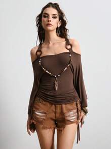 ROMWE Hippie Camiseta de mujer con volantes en los hombros, mangas acampanadas y unicolor de moda - Café integral - Ver 4