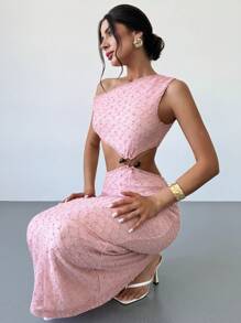 Firerie Vestido femenino nuevo de color rosa con detalles calados asimétricos en los hombros y la cintura, con cuentas especiales en la espalda descubierta. Vestido de textura rosa con pequeños lunares tridimensionales, adecuado para vacaciones en la playa, fiestas de jardín, atuendos de ocio/vacaciones, atuendos de cumpleaños, atuendos de club, ropa de festival, vestidos de graduación para mujer. - Rosa - Ver 3