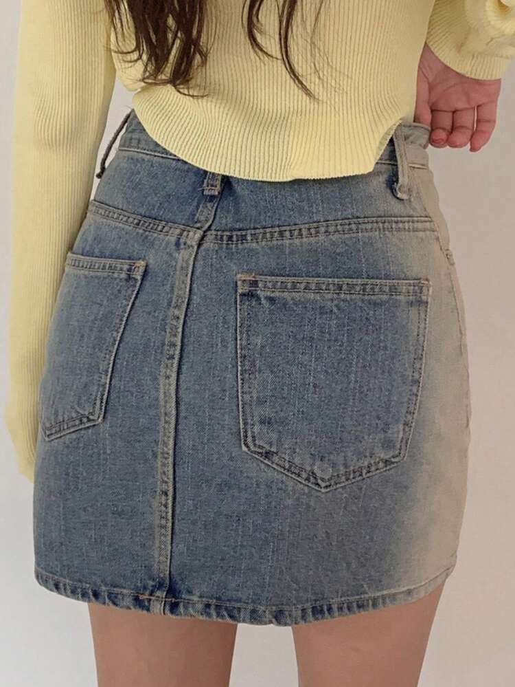 Light-Colored Washed Gradient Elastic Slim-Fit Denim Mini Skirt, Summer Jeans Skirt