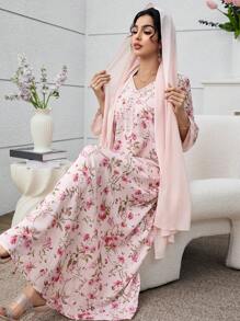 Yasmyna V领雪纺蕾丝拼接花卉印花连衣裙（含头巾） - 粉色 - 查看 5