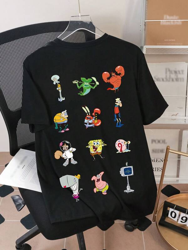 SpongeBob SquarePants X SHEIN Tricou negru pentru bărbați, cu mânecă scurtă și guler rotund, croială lejeră, confortabil și casual, cu personaje grafice, pentru vară