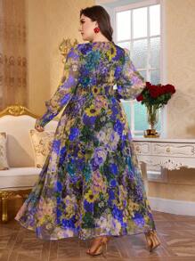 Modelyn 全新奢华优雅喇叭形长款 V 领长袖连衣裙 - 寶藍色 - 查看 2