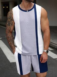 Manfinity Homme Plus Size Men's Casual Contrast Color Round Neck Tank Top And Shorts Set, Summer - White - View 1