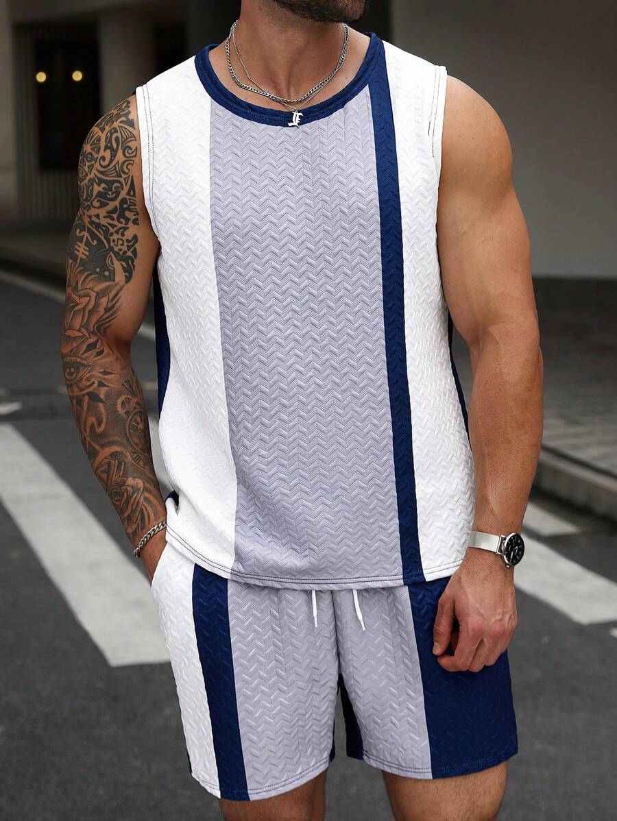 Manfinity Homme Plus Size Men's Casual Contrast Color Round Neck Tank Top And Shorts Set, Summer - White - View 1
