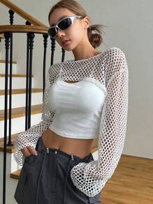 DAZY Hollow Out Drop Shoulder Crop Top Without Cami Top Festival Sheer Long Sleeve Women Tops - White - View 6