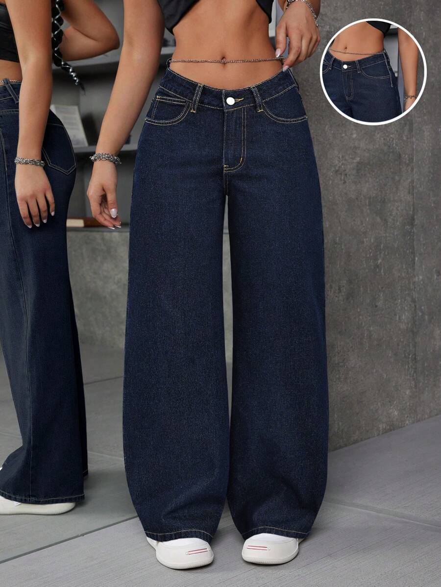SHEIN ICON Women's Loose Fit Patch Pocket V-Shape Low Waist Wide Leg Casual Jeans - Dark Wash - View 1