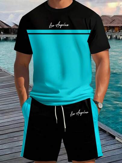 Manfinity Homme 2pcs Men Letter Print Round Neck Short Sleeve Casual T-Shirt And Drawstring Waist Shorts Set, Cozy Outfits