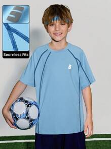 JNSQ Back To School Tween Boy Sports T-Shirt, Children's Round Neck 4-Needle 6-Thread Contrast Color Seamless Crafted Front 3M Reflective Print Professional Outdoor Sports T-Shirt - Baby Blue - View 1