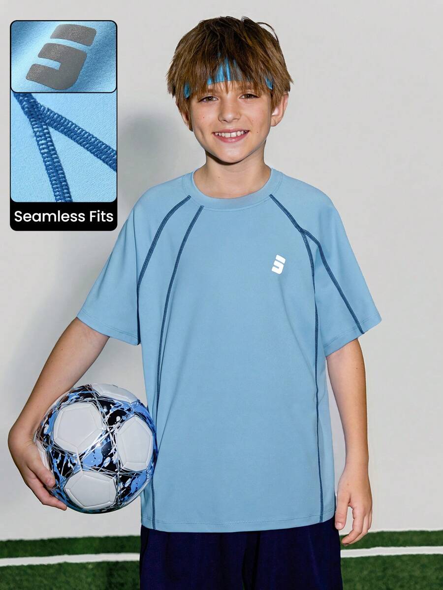 JNSQ Back To School Tween Boy Sports T-Shirt, Children's Round Neck 4-Needle 6-Thread Contrast Color Seamless Crafted Front 3M Reflective Print Professional Outdoor Sports T-Shirt - Baby Blue - View 1
